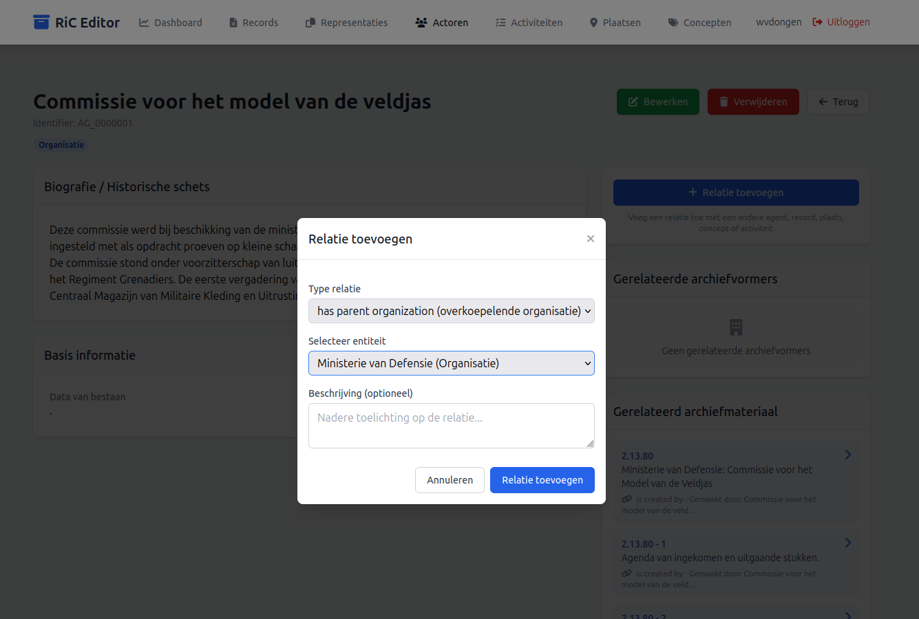 RiC Editor 2.13.80 Actor - relatie toevoegen